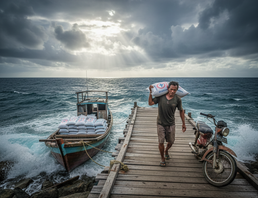 Seorang petani di pelabuhan Selat Lampa, Natuna, sedang memanggul karung pupuk subsidi dari kapal kayu dengan latar belakang laut biru, menggambarkan distribusi Pupuk Indonesia di pulau terluar.