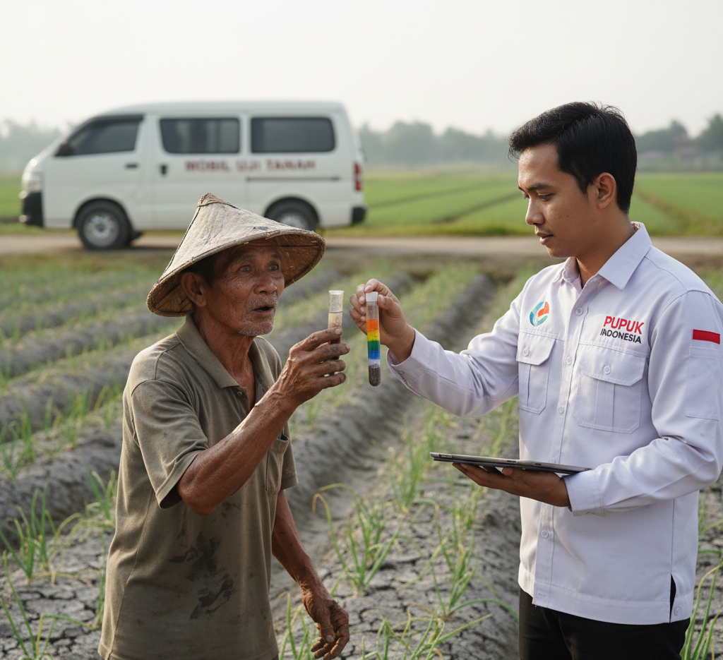 Seorang petani tua di Nganjuk sedang memperhatikan hasil uji tanah dari tabung reaksi yang dipegang oleh agronomis muda Pupuk Indonesia, dengan latar belakang sawah bawang merah.